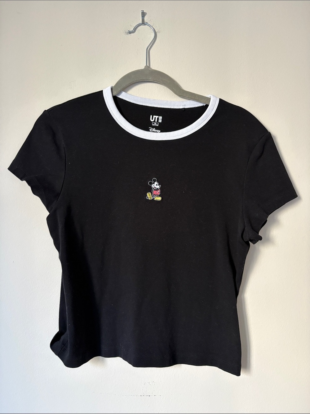 Uniqlo Cropped Black Short-Sleeve Ringer Tee with Tiny Mickey Embroidery